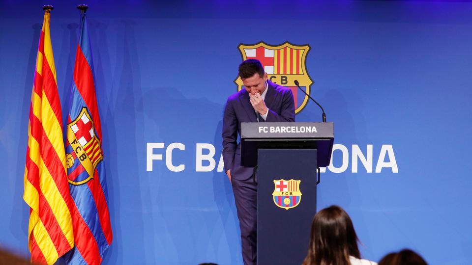 Lionel Messi holds an FC Barcelona press conference in Camp Nou, Barcelona, Spain - on August 8, 2021.