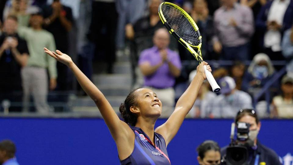 Leylah Annie Fernandez of Canada celebrates after her match against Naomi Osaka of Japan on day five of the 2021 US Open tennis tournament at USTA Billie Jean King National Tennis Center in New York, US  on  September 3, 2021.