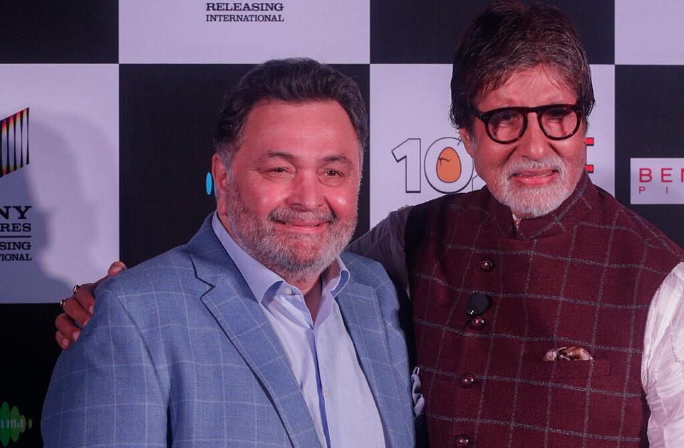 Rishi Kapoor (L), scion of Bollywood’s most famous Kapoor family, posses with Amitabh Bachchan whose grandson is playing a role in The Archies.