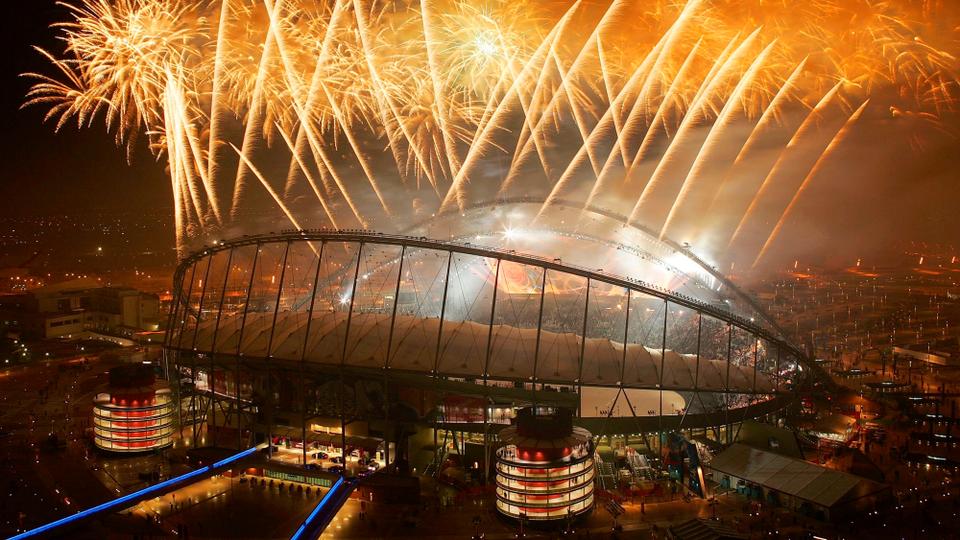In this Dec. 15, 2006 file photo, fireworks explode at the end of the Closing Ceremony of the 15th Asian Games at the Khalifa Stadium in Doha, Qatar, one of the eight venues for FIFA World Cup 2022 Qatar.
