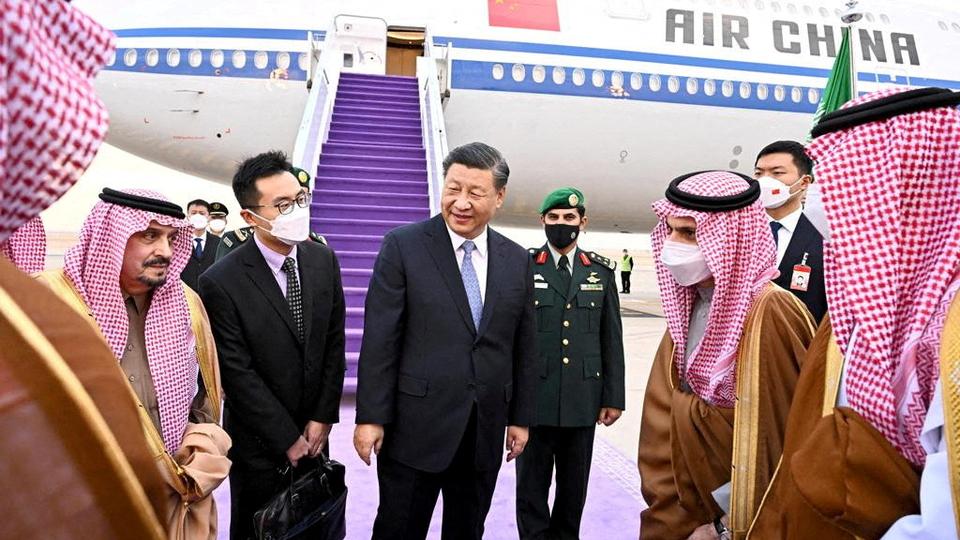 Chinese President Xi Jinping is welcomed by Saudi officials on Wednesday as he arrived in the capital, Riyadh (Saudi Press Agency/Handout via Reuters)