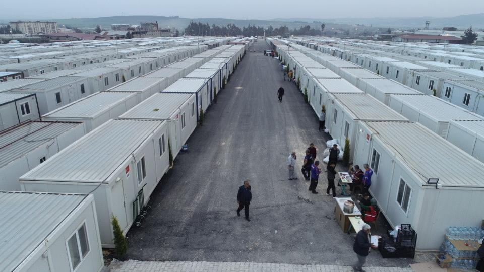 An aerial view of the container city built for the earthquake survivors in Antakya district of Hatay province.