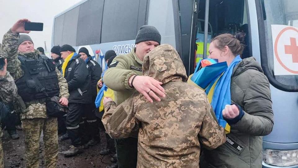Ukrainian prisoners of war (POWs) are seen after a swap, amid Russia's attack on Ukraine, in an unknown location in Ukraine, in this handout photo.