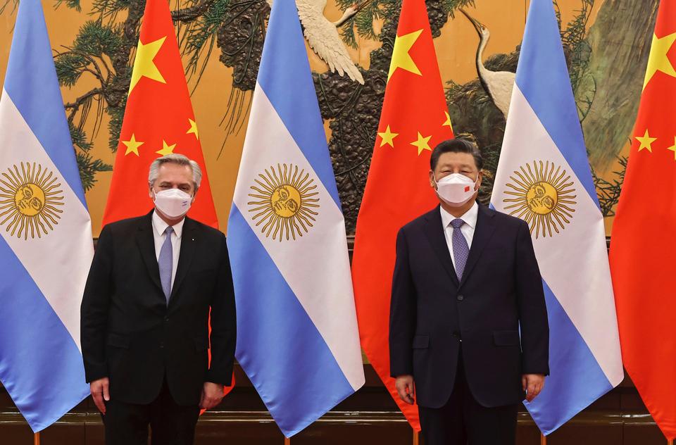 Chinese President Xi Jinping, right, and Argentina's President Alberto Fernandez before their bilateral meeting at the Great Hall of the People in Beijing, Feb. 6, 2022.