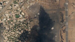 Aerial image shows a view of several planes damaged at the Khartoum International Airport.