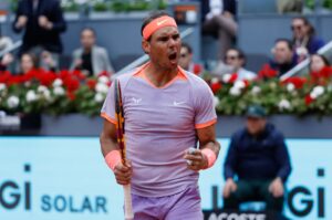 Spain's Rafael Nadal reacts during his round of 16 tennis match against Pedro Cachin at the Madrid Open tennis tournament, Madrid, Spain, April 29, 2024. (EPA Photo)