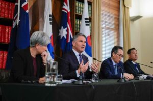 (L-R) Australia's Foreign Minister Penny Wong, Australia's Deputy Prime Minister and Defense Minister Richard Marles, South Korea's Minister of Foreign Affairs Cho Tae-yul, and South Korea's National Defense Minister Shin Won-sik attend a joint press conference following an Australia and South Korea Foreign and Defense Ministers meeting, Melbourne, Australia, May 1, 2024. (AFP Photo)