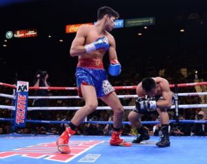 Ryan Garcia (L) knocks out Romero Duno during their WBC silver and NABO lightweight title bout at MGM Grand Garden Arena, Las Vegas, U.S., Nov 2, 2019. (Reuters Photo)