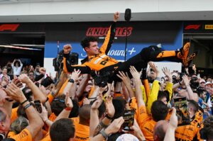 McLaren's Lando Norris is tossed in the air as his team celebrates his victory in the 2024 Miami Formula One Grand Prix at Miami International Autodrome, Miami Gardens, Florida, U.S., May 5, 2024. (AFP Photo)