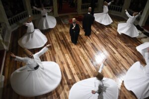 A whirling dervish ceremony is held during the opening of Kasımpaşa Mevlevihane in Istanbul, Türkiye, May 11, 2024. (DHA Photo)