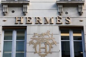 The logo of the fashion house Hermes is seen outside a shop, Paris, France, April 15, 2024. (Reuters)