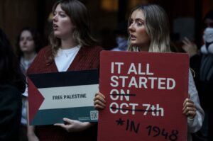 Pro-Palestinian students hold a sit-in at Melbourne University's Arts West building, which the students have temporarily renamed "Mahmoud's Hall" after Mahmoud Al Haq, a prospective University of Melbourne student who died in Gaza, Melbourne, Australia, May 15, 2024. (AFP Photo)
